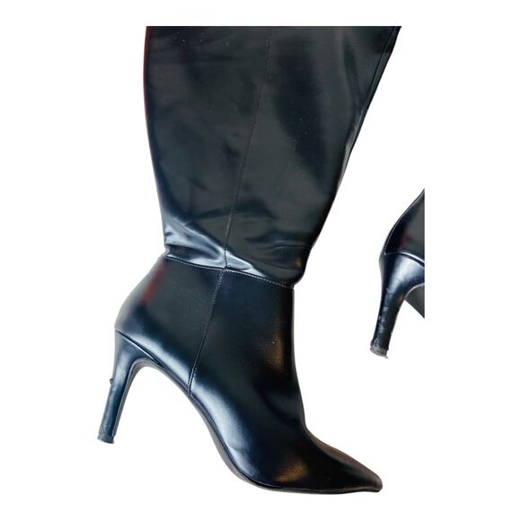 Womens Wide Calf Side Zip Pointed Toe Faux Leather Black Moto Boots US 8.5W - Picture 4 of 14